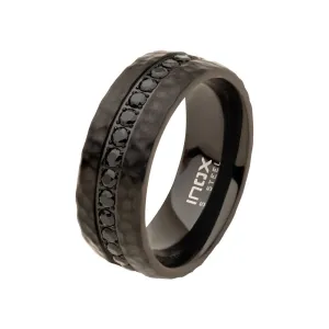 Black IP with CNC Set Black CZ Hammered Ring