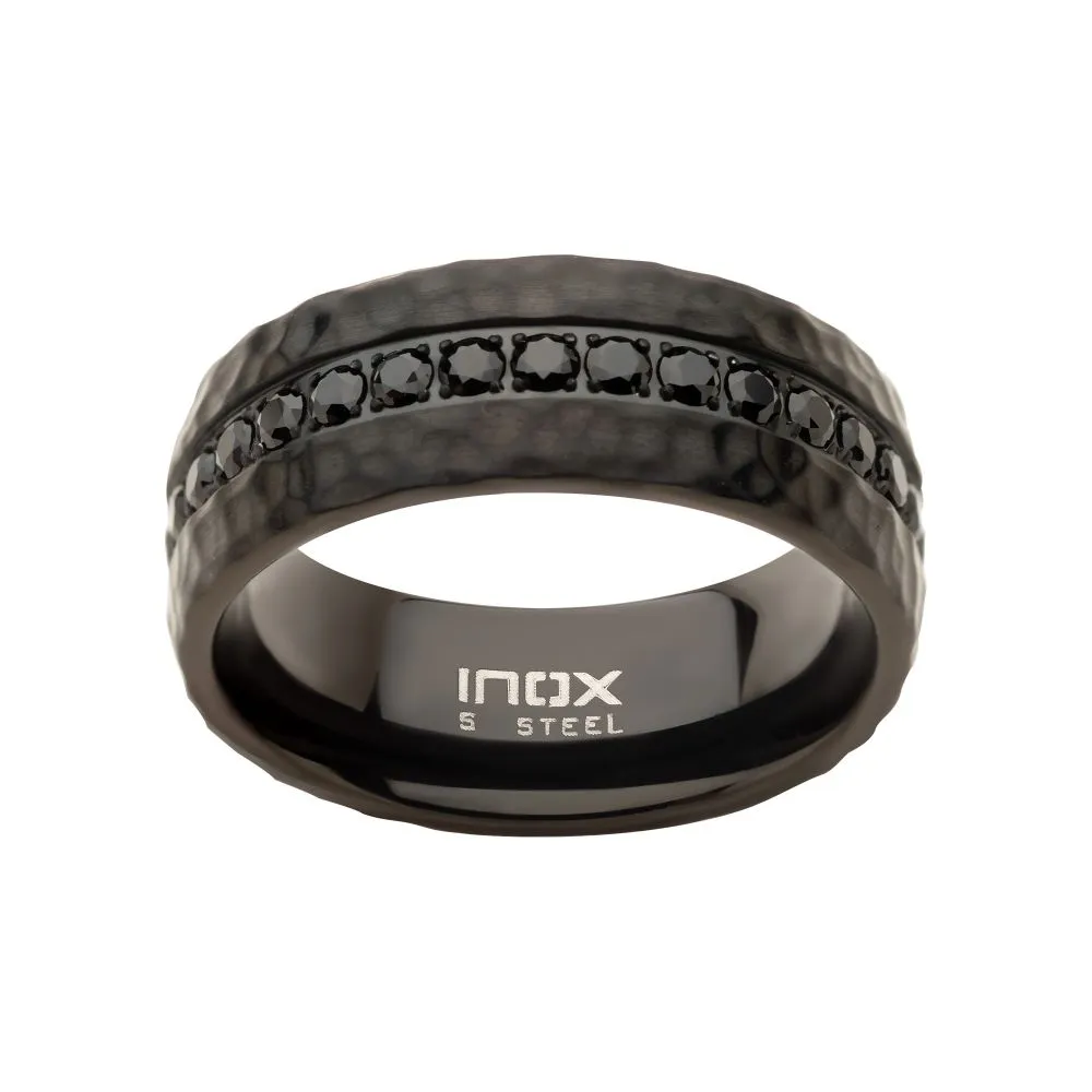 Black IP with CNC Set Black CZ Hammered Ring