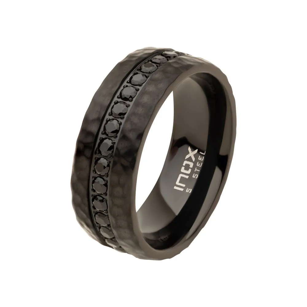 Black IP with CNC Set Black CZ Hammered Ring
