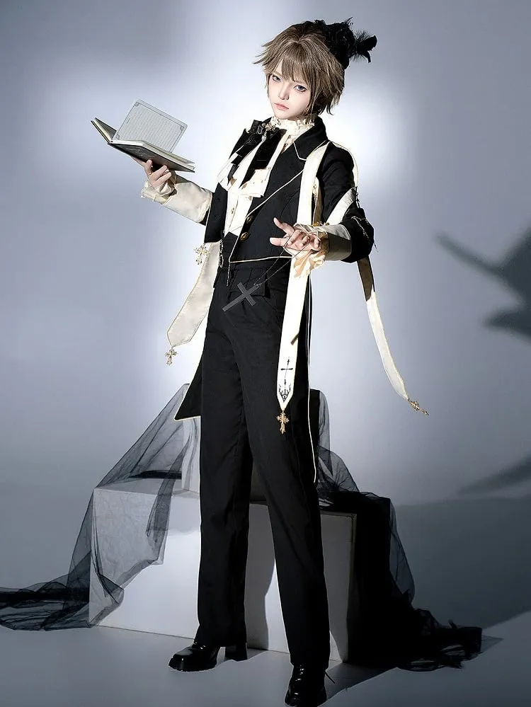 Black Ouji Lolita Cross Chains and Charms Decorated Stole Swallow Tail Blazer Coat