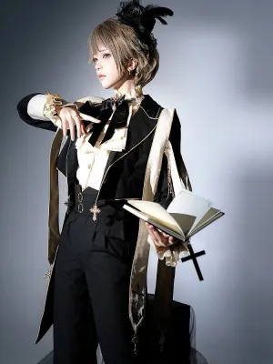 Black Ouji Lolita Cross Chains and Charms Decorated Stole Swallow Tail Blazer Coat