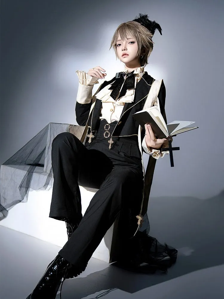 Black Ouji Lolita Cross Chains and Charms Decorated Stole Swallow Tail Blazer Coat