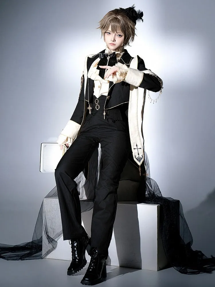 Black Ouji Lolita Cross Chains and Charms Decorated Stole Swallow Tail Blazer Coat