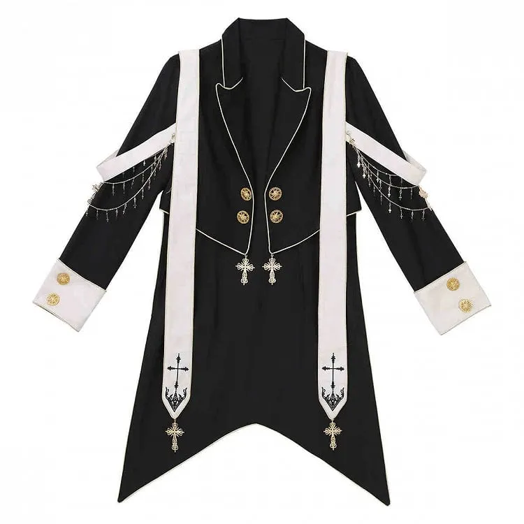 Black Ouji Lolita Cross Chains and Charms Decorated Stole Swallow Tail Blazer Coat