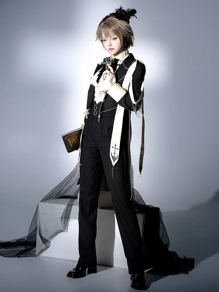 Black Ouji Lolita Cross Chains and Charms Decorated Stole Swallow Tail Blazer Coat