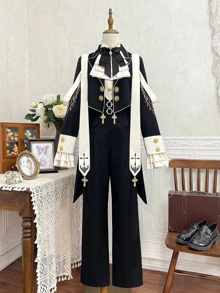Black Ouji Lolita Cross Chains and Charms Decorated Stole Swallow Tail Blazer Coat