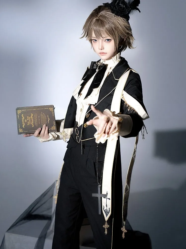 Black Ouji Lolita Cross Chains and Charms Decorated Stole Swallow Tail Blazer Coat