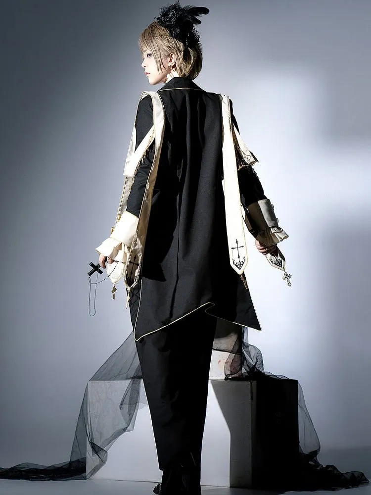 Black Ouji Lolita Cross Chains and Charms Decorated Stole Swallow Tail Blazer Coat