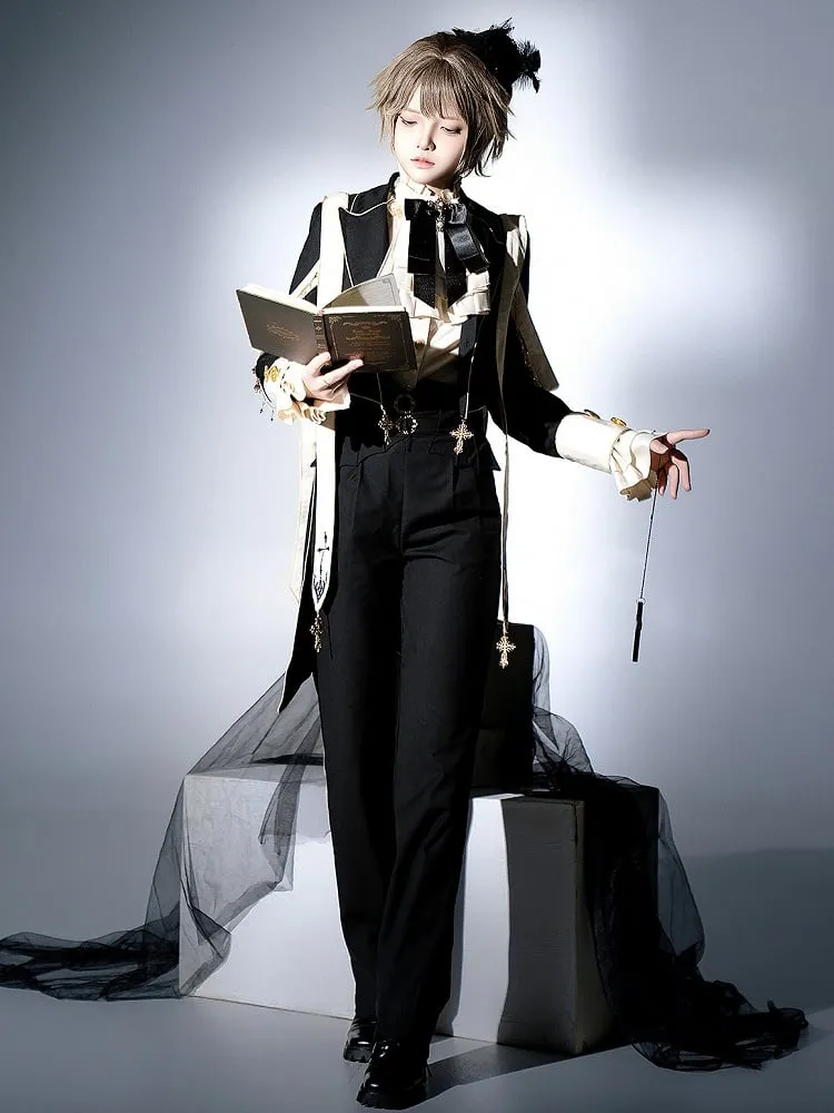 Black Ouji Lolita Cross Chains and Charms Decorated Stole Swallow Tail Blazer Coat