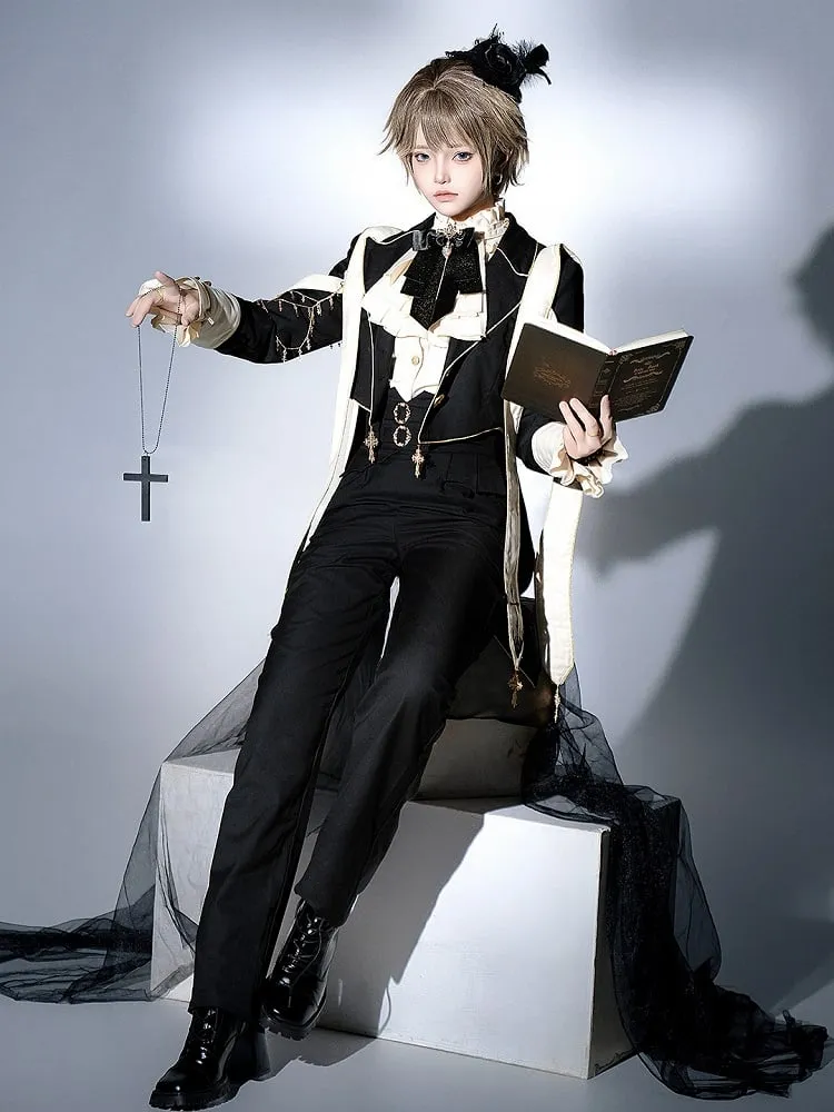 Black Ouji Lolita Cross Chains and Charms Decorated Stole Swallow Tail Blazer Coat