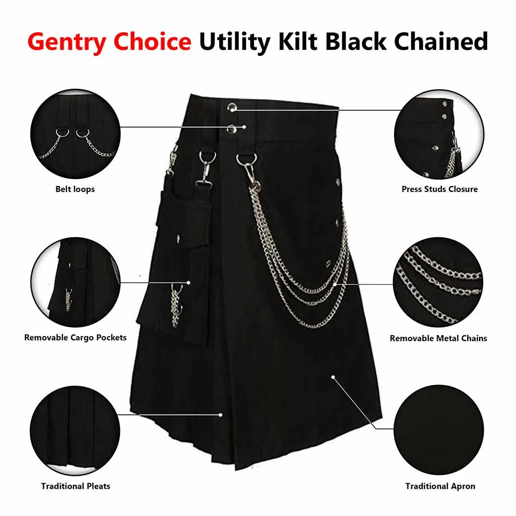 Cargo Utility Fashion Kilt Black with Silver Chains