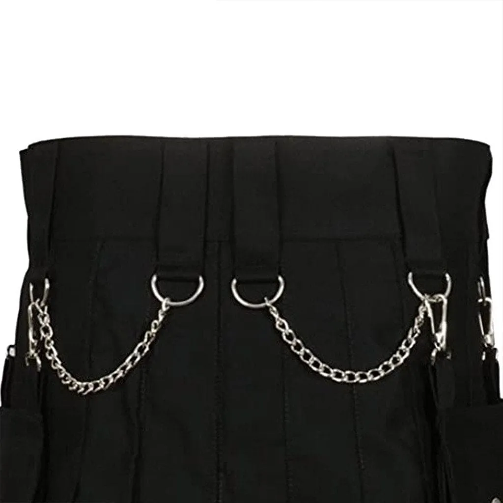 Cargo Utility Fashion Kilt Black with Silver Chains