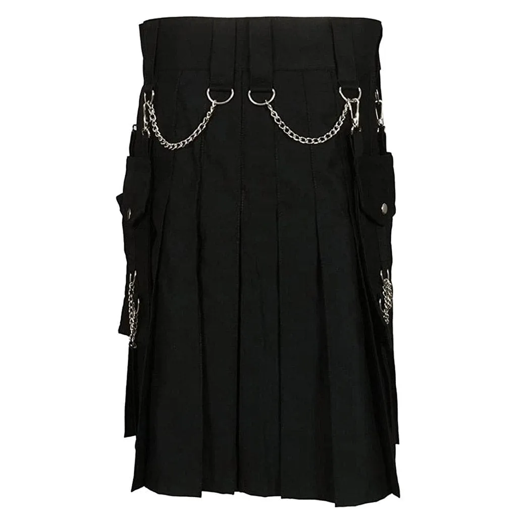Cargo Utility Fashion Kilt Black with Silver Chains
