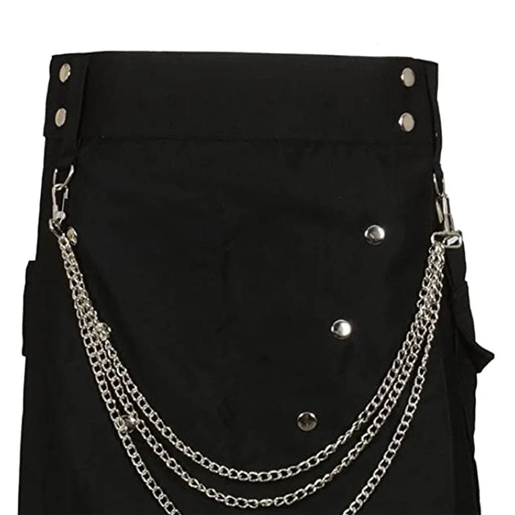 Cargo Utility Fashion Kilt Black with Silver Chains