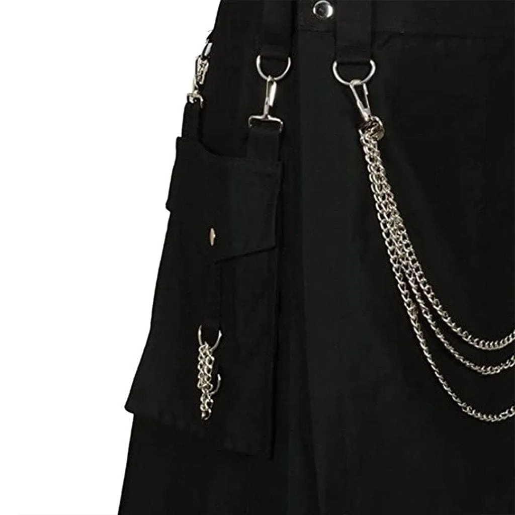 Cargo Utility Fashion Kilt Black with Silver Chains