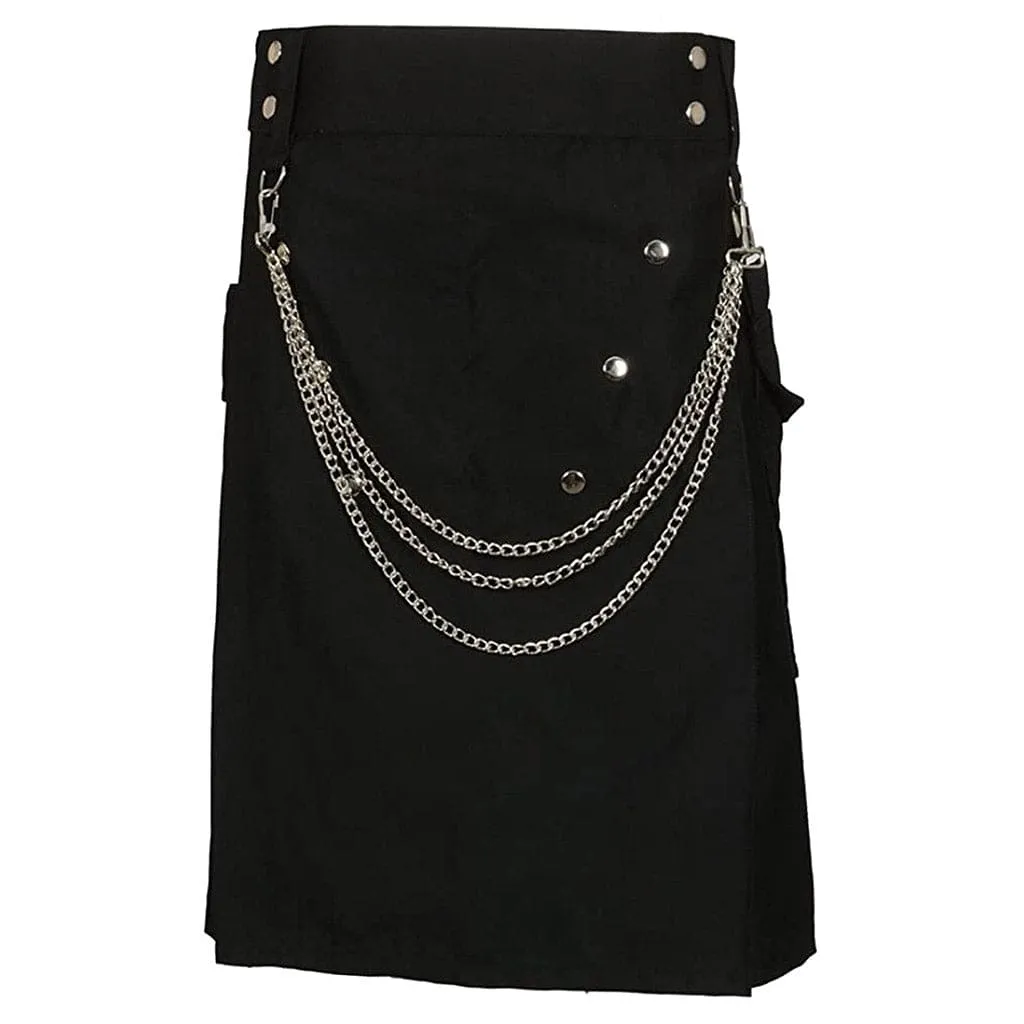 Cargo Utility Fashion Kilt Black with Silver Chains