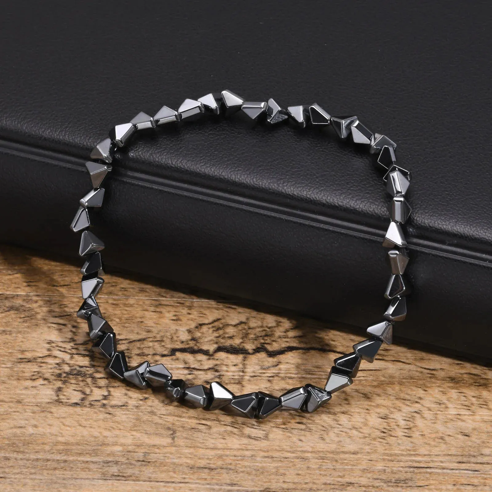 Casual Black Triangle Beads Bracelets for Men Boys,Geometric Cut Beaded Wristband