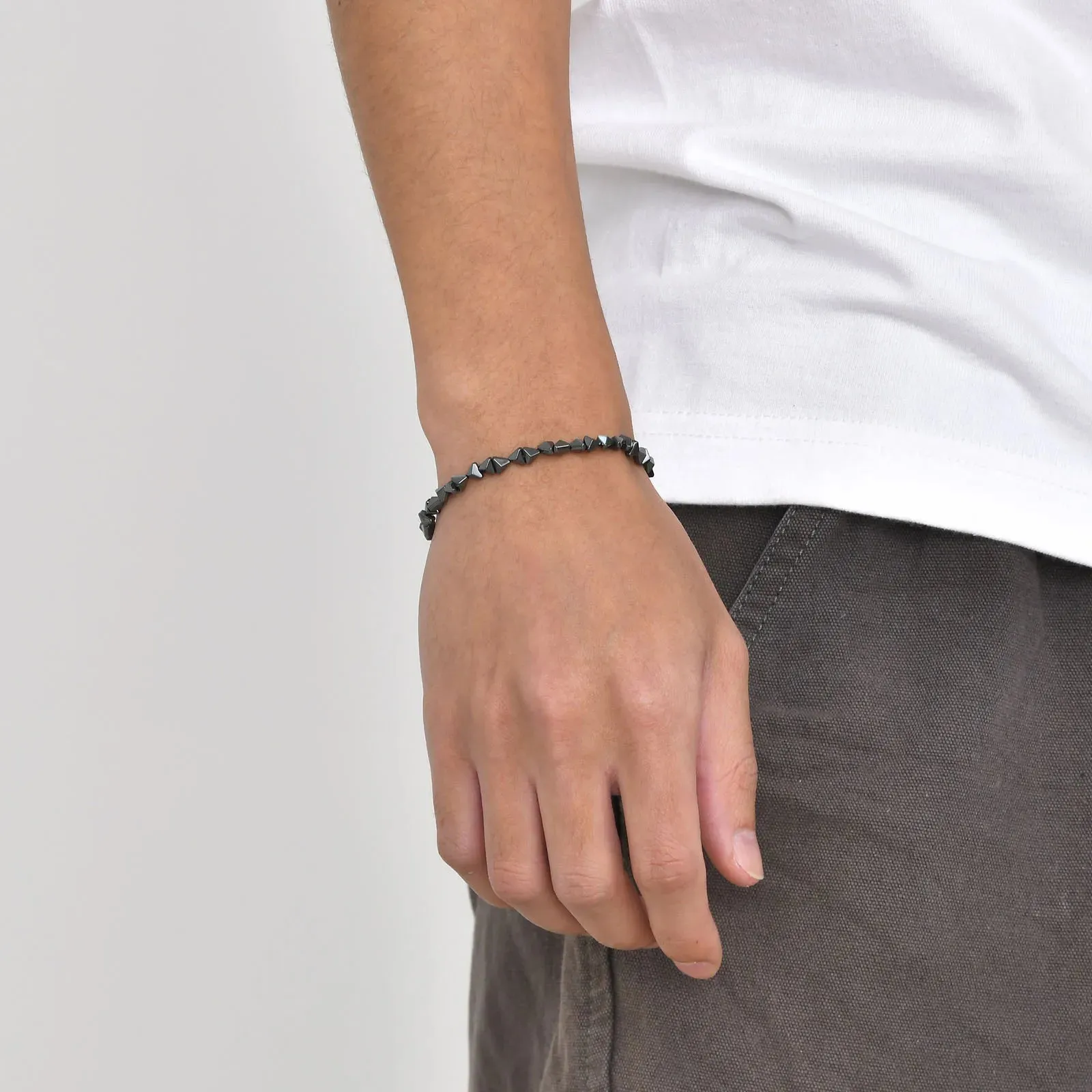 Casual Black Triangle Beads Bracelets for Men Boys,Geometric Cut Beaded Wristband