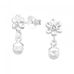 Childrens Sterling Silver Flower And Pearl Drop Earrings