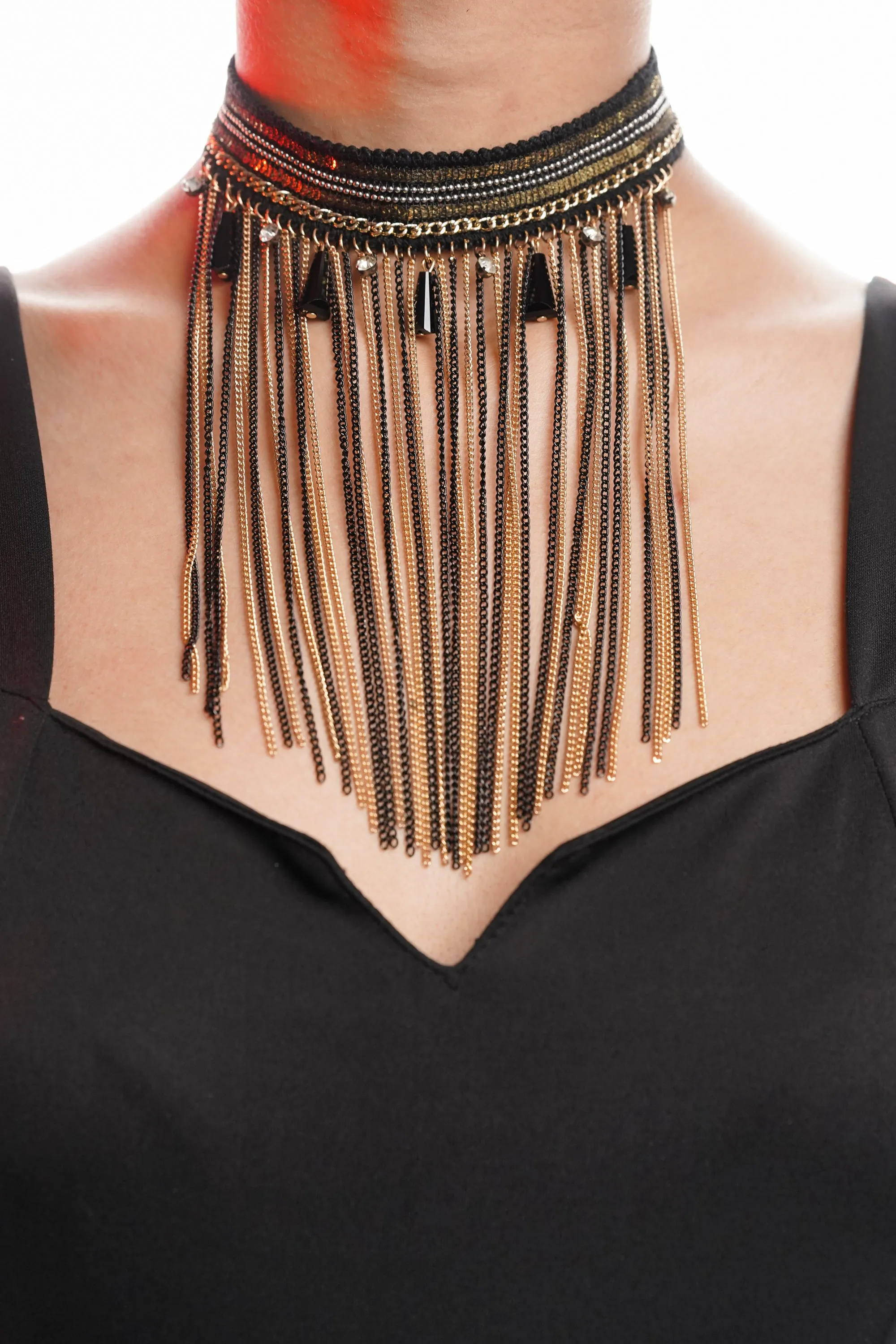 Choker with Black Beads and Golden Chain