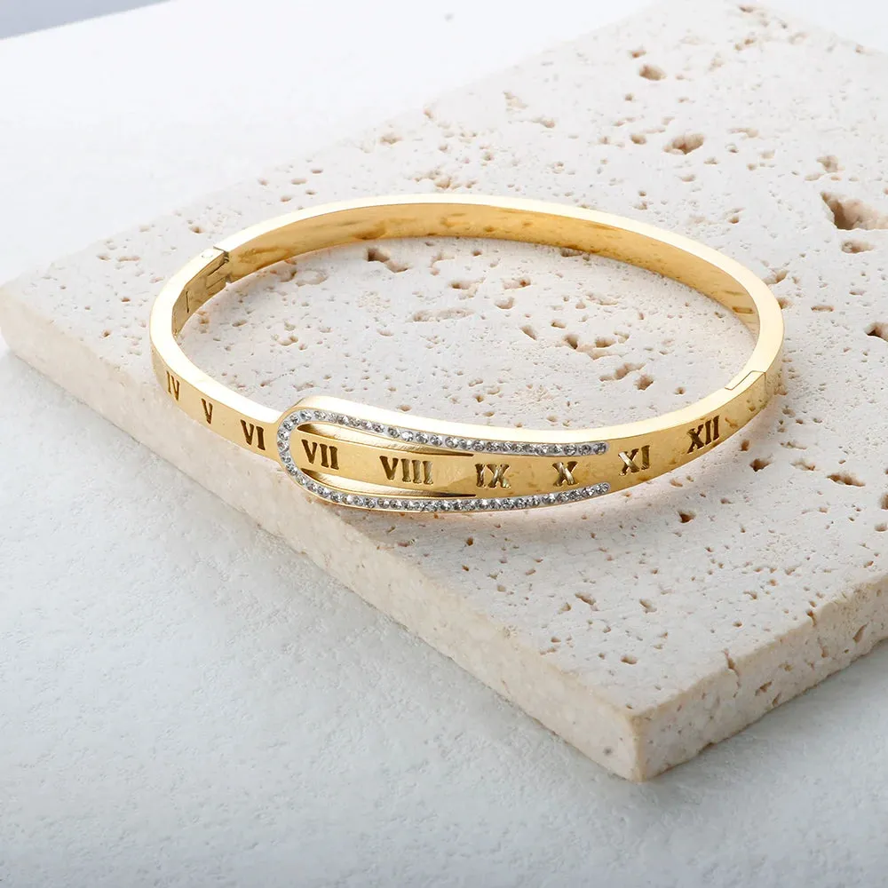 Crystal Zipper Design Bangle Hollow Roman Numerals Rhinestone Bracelets Jewelry