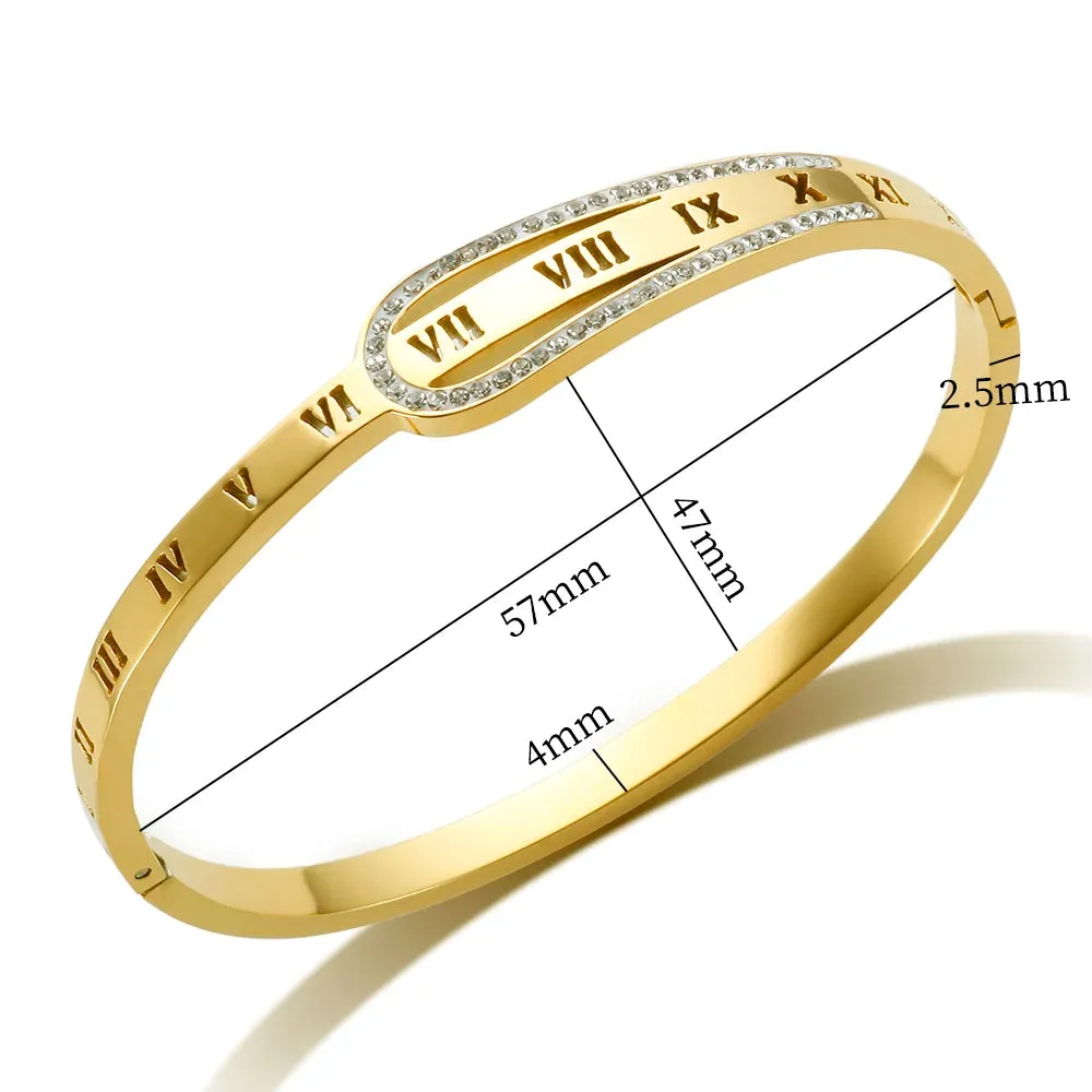 Crystal Zipper Design Bangle Hollow Roman Numerals Rhinestone Bracelets Jewelry
