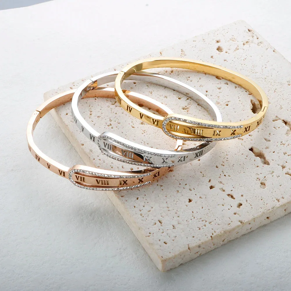 Crystal Zipper Design Bangle Hollow Roman Numerals Rhinestone Bracelets Jewelry