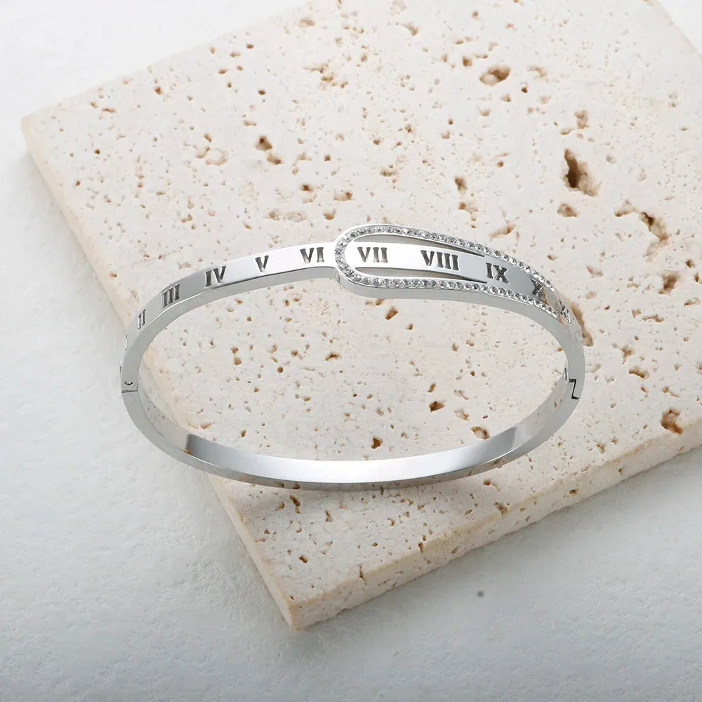 Crystal Zipper Design Bangle Hollow Roman Numerals Rhinestone Bracelets Jewelry