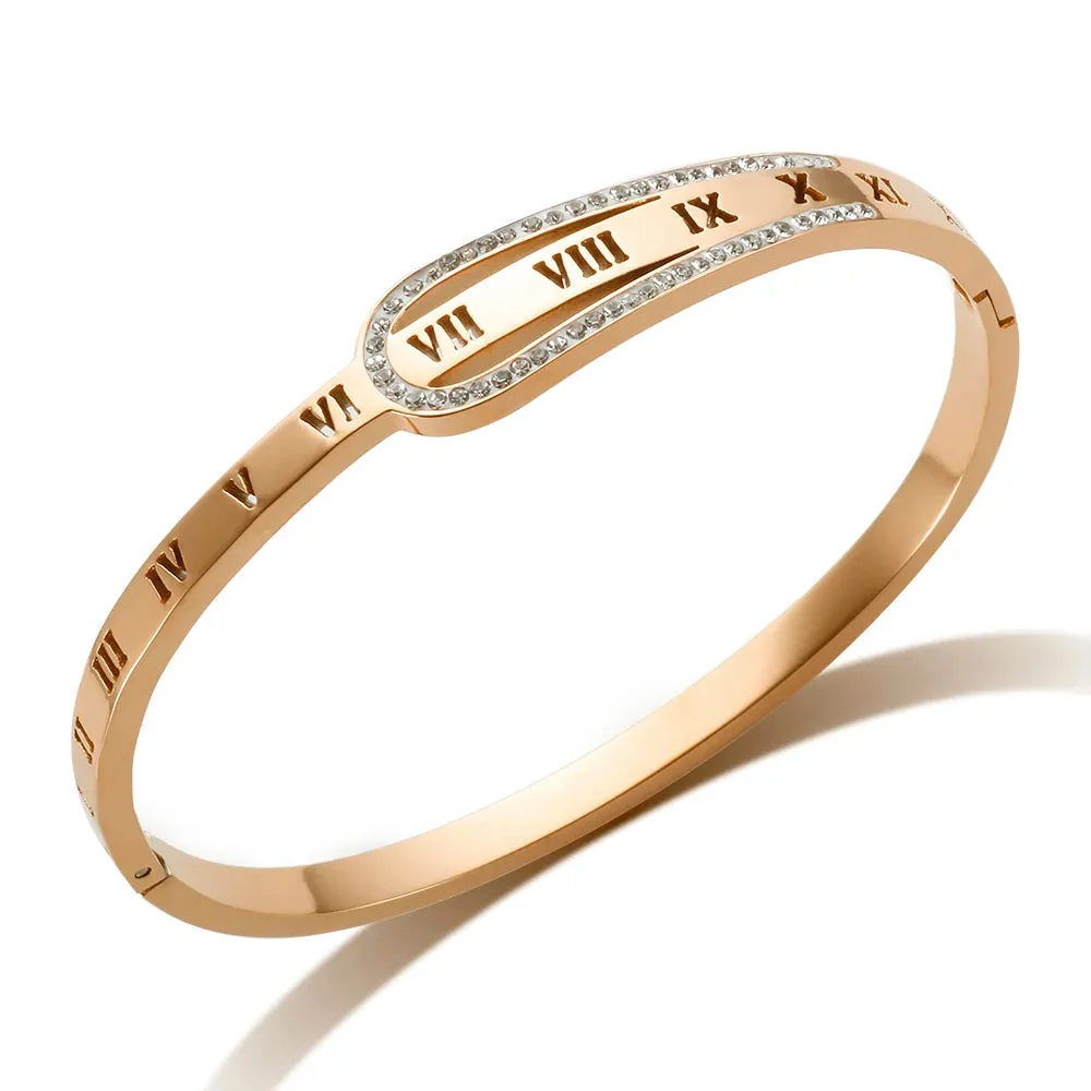 Crystal Zipper Design Bangle Hollow Roman Numerals Rhinestone Bracelets Jewelry