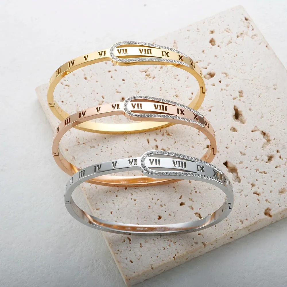 Crystal Zipper Design Bangle Hollow Roman Numerals Rhinestone Bracelets Jewelry