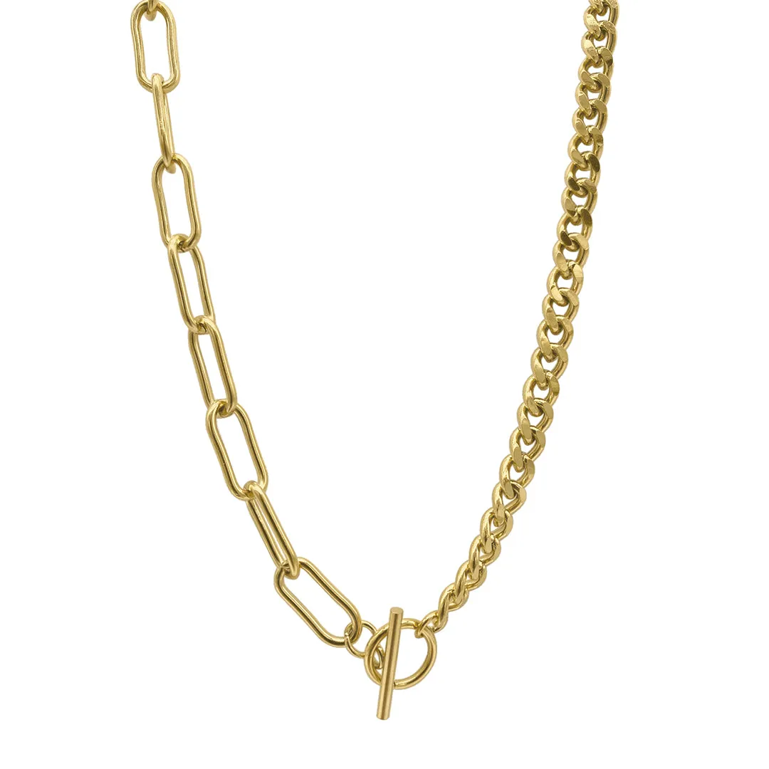 Curb and Paper Clip Chain Toggle Necklace gold