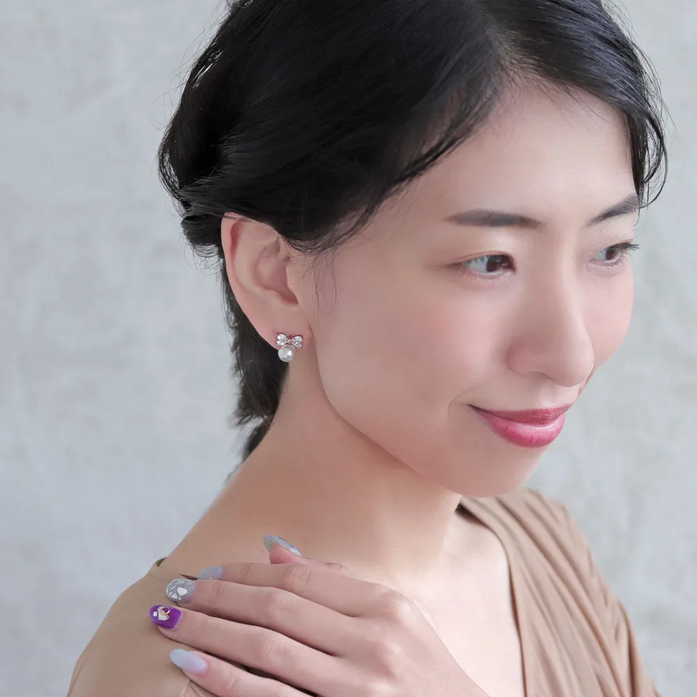 CZ Bow Pearl Titanium Earrings