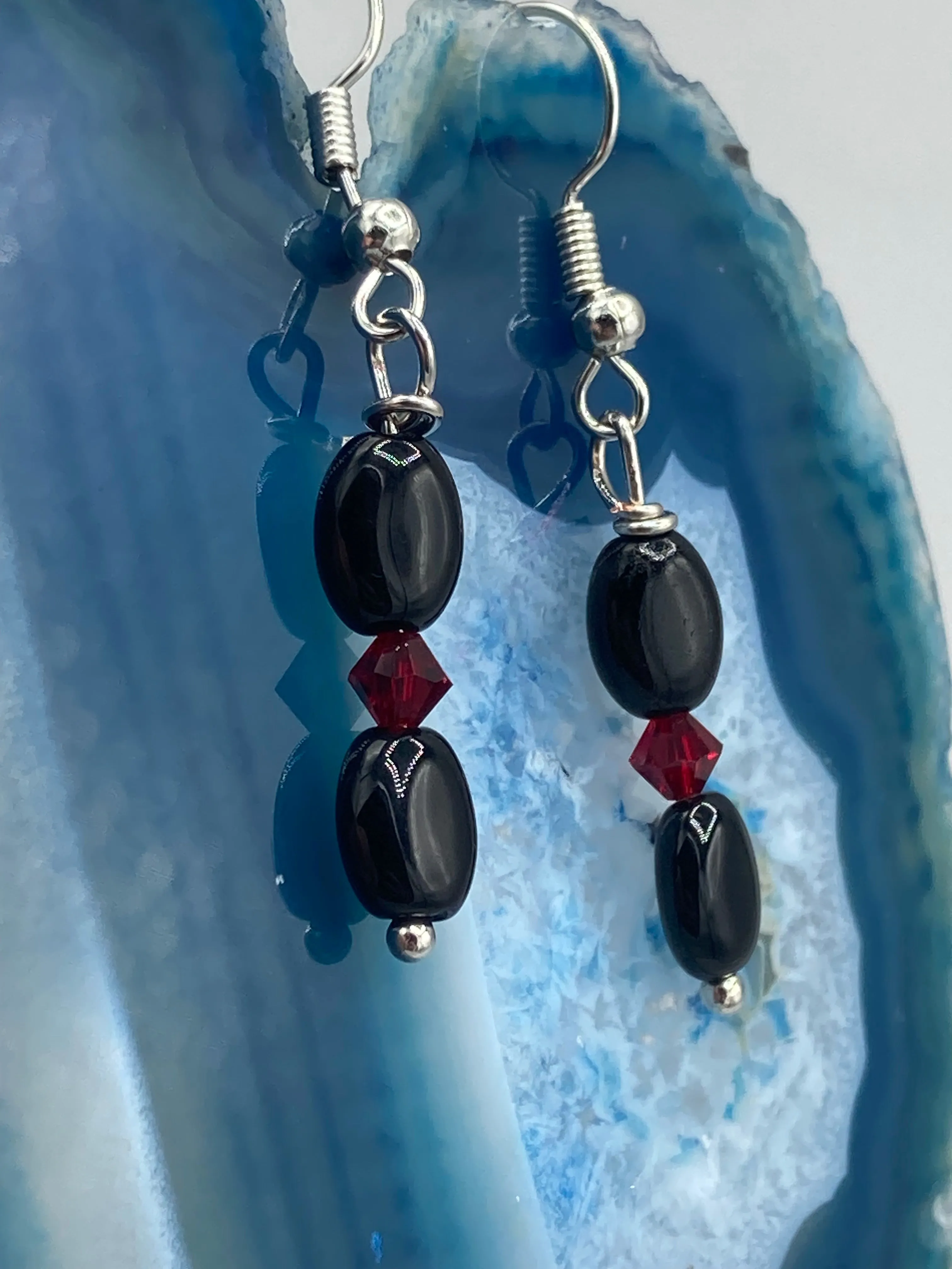 Dainty Black And Dark Red Beaded Earrings, Shabby Chic, Boho Chic