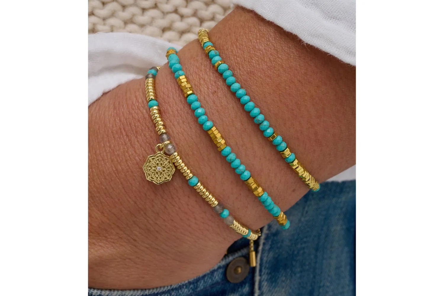 Drift 3 Layer Turquoise Gold Bracelet Stack
