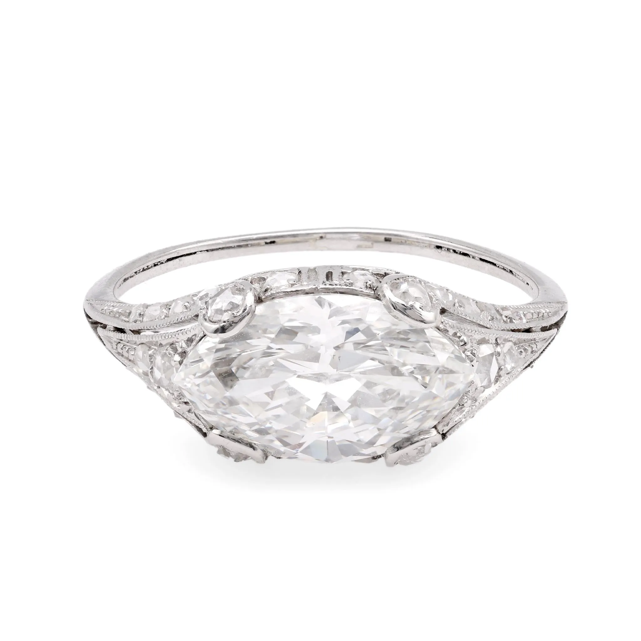 Edwardian GIA 2.25 Carat Marquise Cut Diamond Platinum Engagement Ring