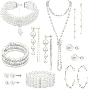 EIELO 16 Pcs Pearl Necklace Earrings Set for Women: Simulated Pearl Bracelet Faux Pearl Necklace Dangle Earrings Jewelry Set
