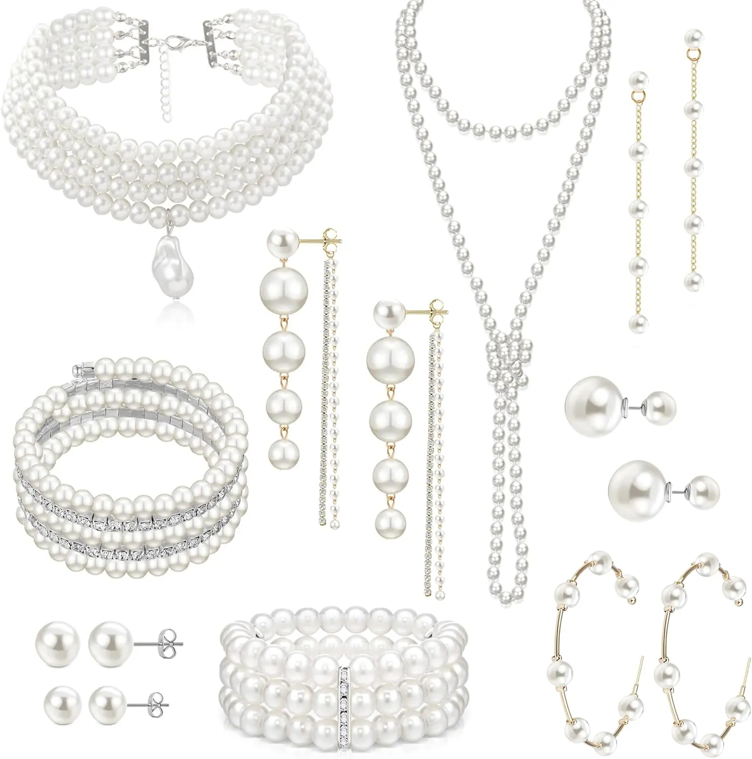 EIELO 16 Pcs Pearl Necklace Earrings Set for Women: Simulated Pearl Bracelet Faux Pearl Necklace Dangle Earrings Jewelry Set