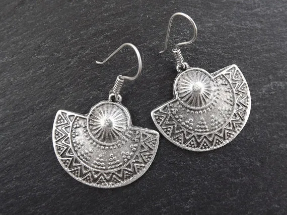 Ethnic Semi Circle Tribal Silver Earrings - Authentic Turkish Style