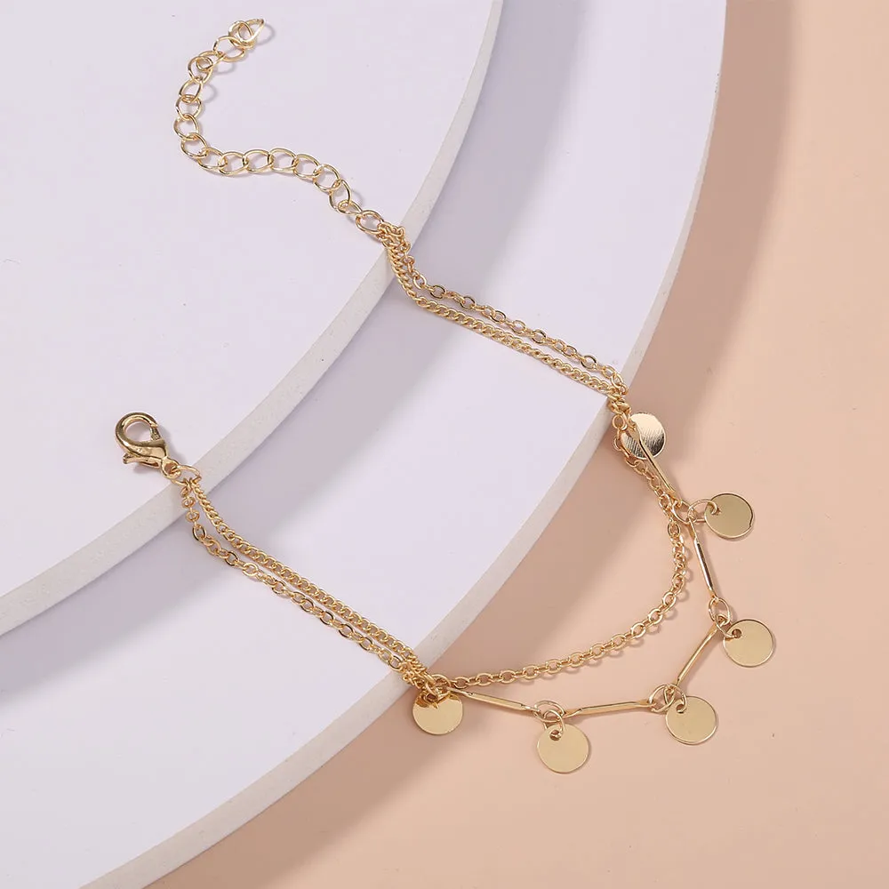 European and American fashion jewelry simple and versatile tassel metal small disc double-layer bracelet bracelet female