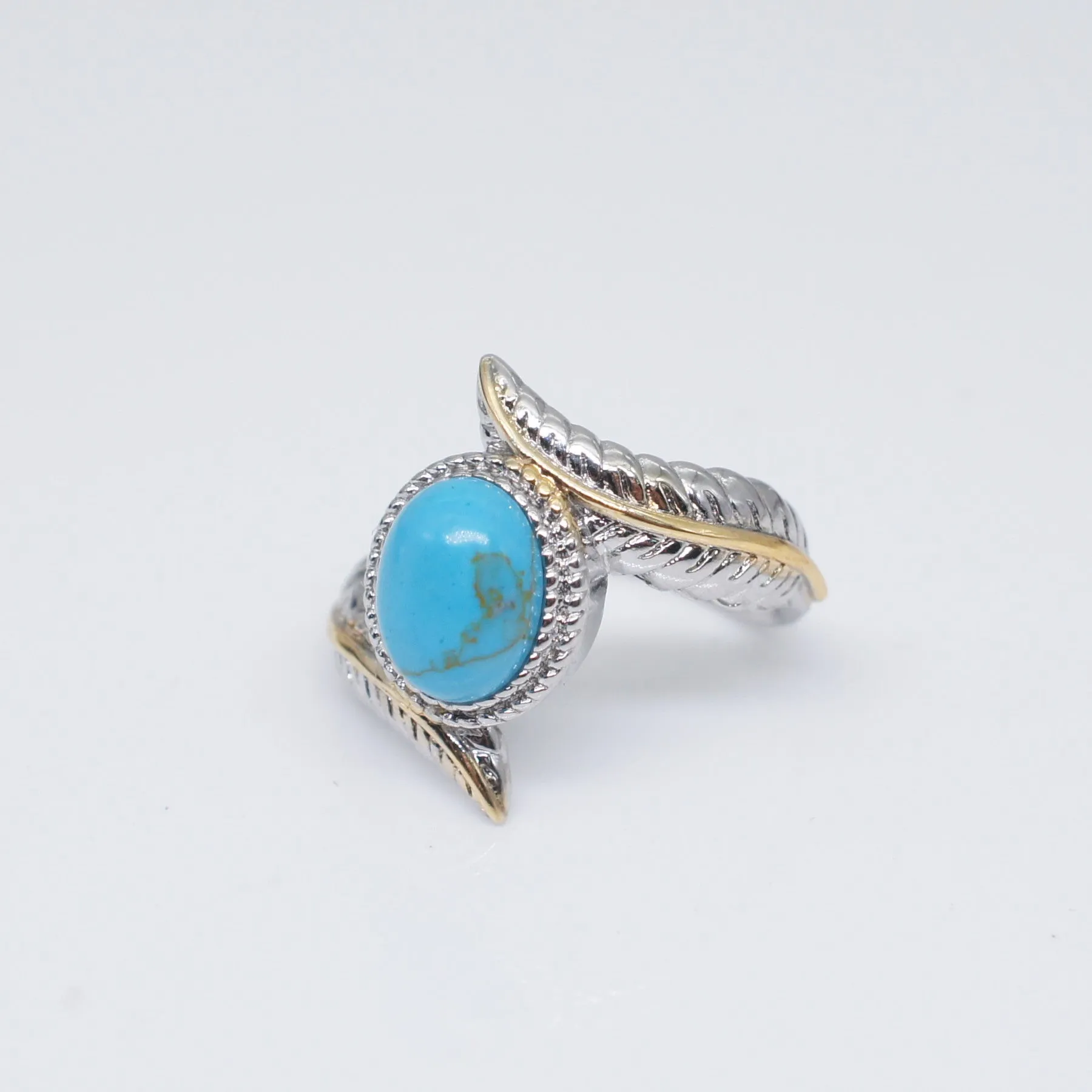 Extravagant Inlaid Green Turquoise Feather Ring Sterling Silver Set w/Gem