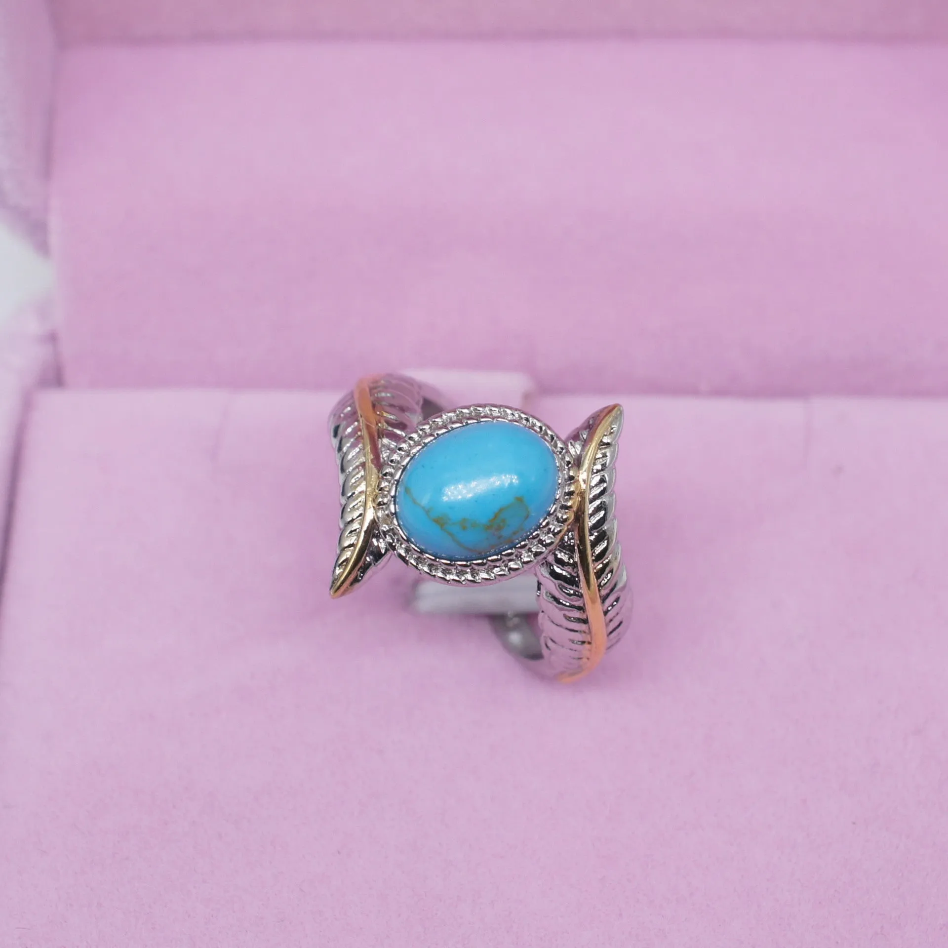 Extravagant Inlaid Green Turquoise Feather Ring Sterling Silver Set w/Gem