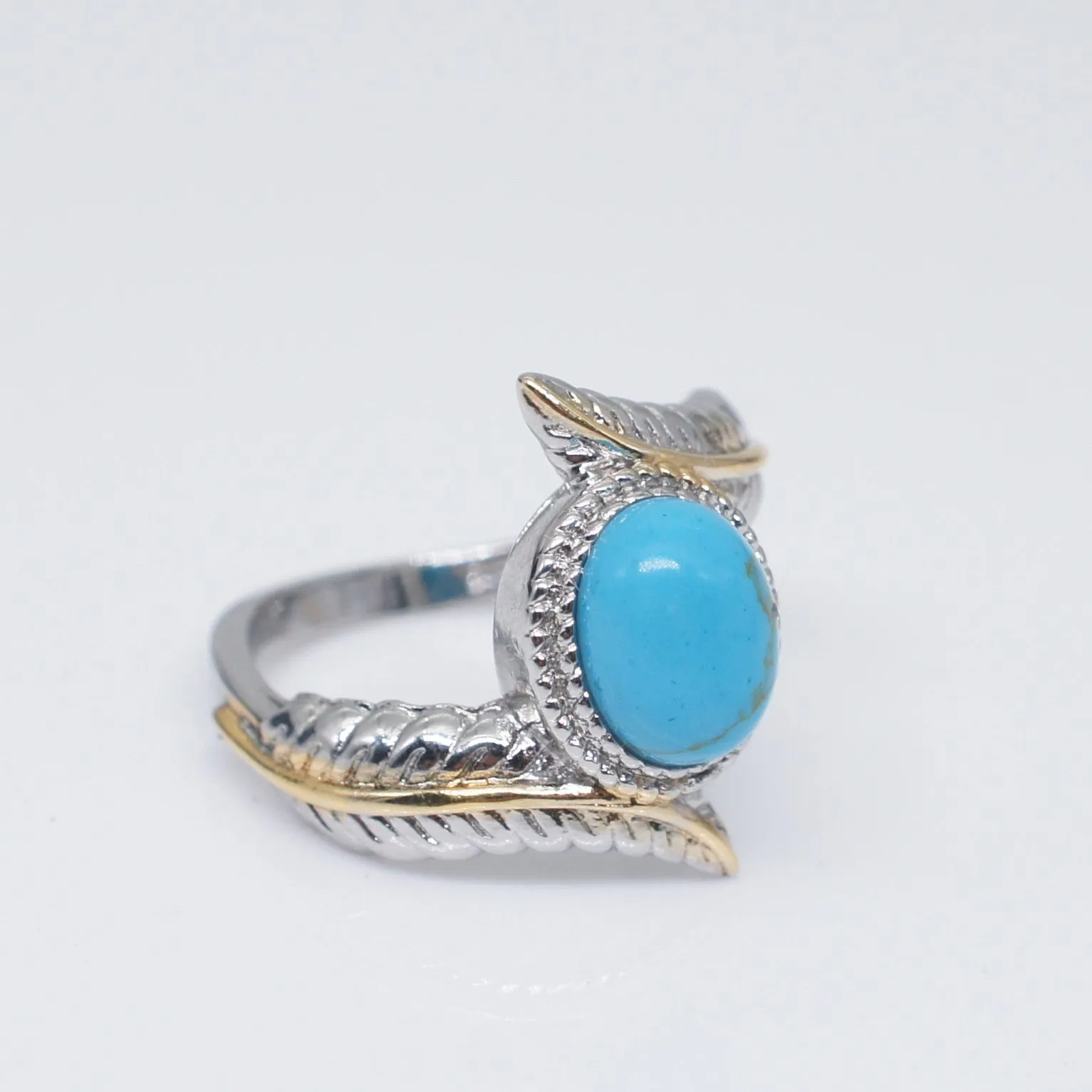 Extravagant Inlaid Green Turquoise Feather Ring Sterling Silver Set w/Gem