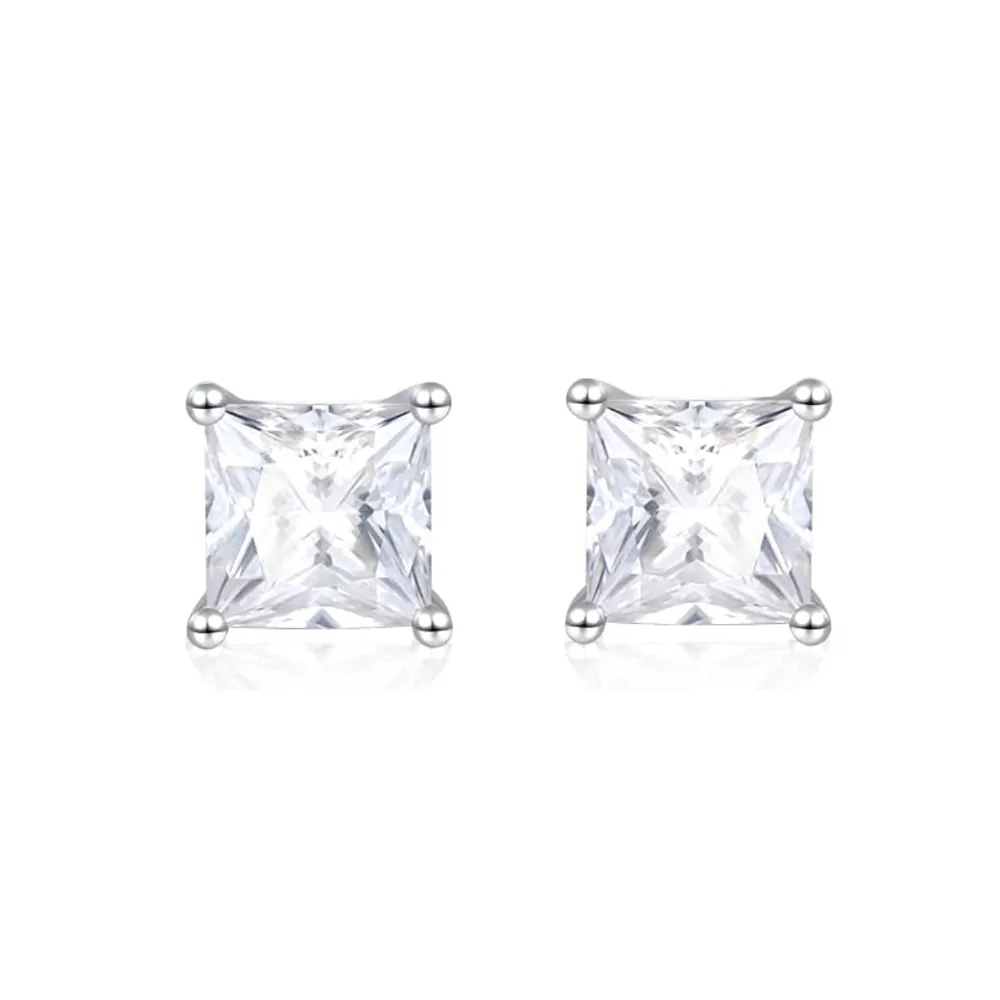 FANCIME Solitaire Princess Cut 14K White Gold Stud Earrings