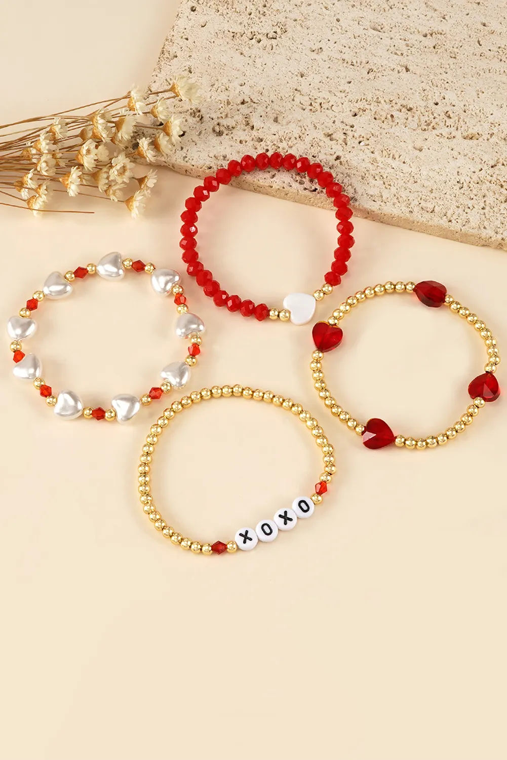 Fiery Red XOXO Heart Beaded 4pcs Layered Bracelet