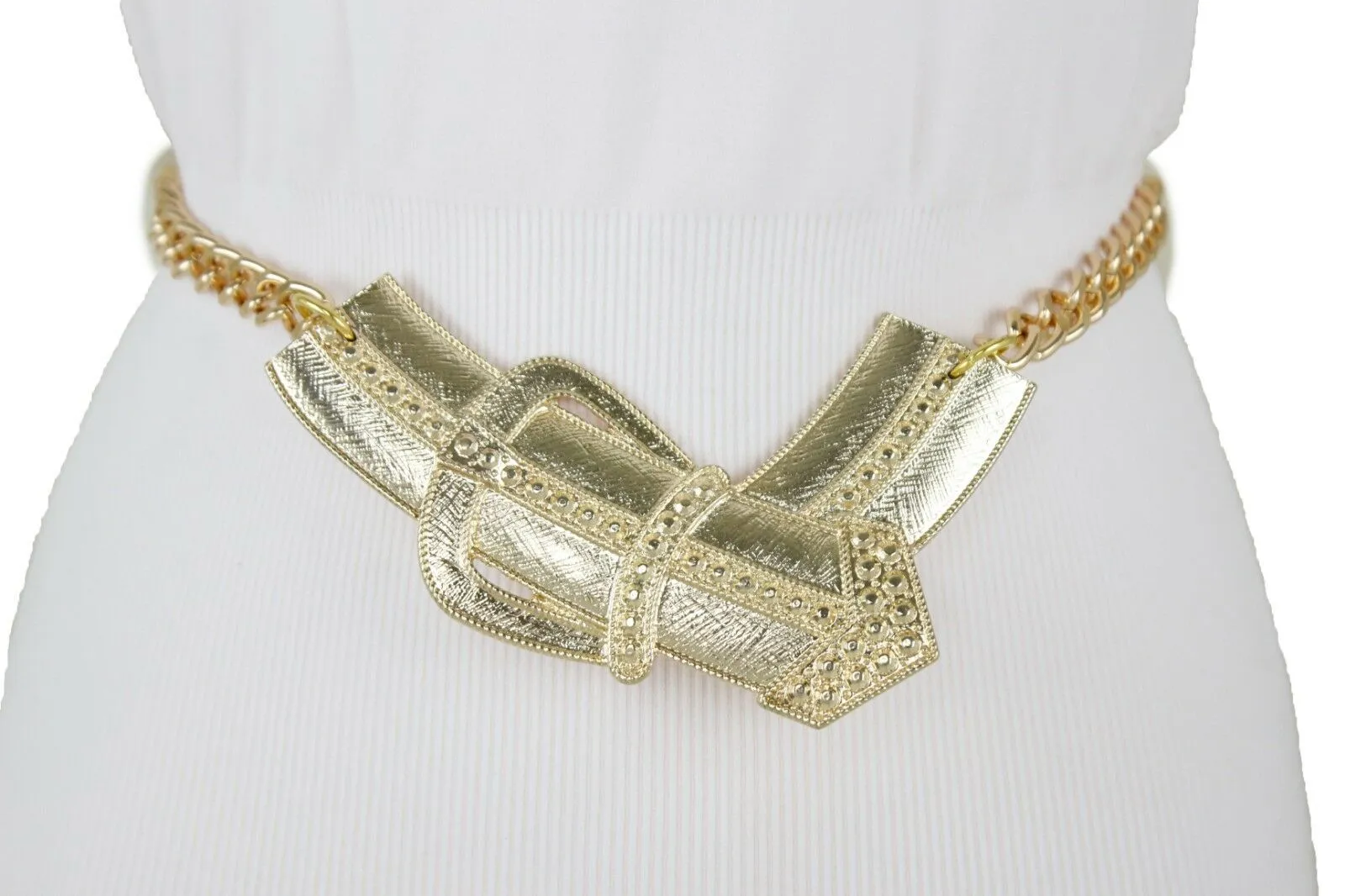 Fun Women Belt Hip High Waist Gold Metal Chain Big Wide Buckle Charm Size XS S M