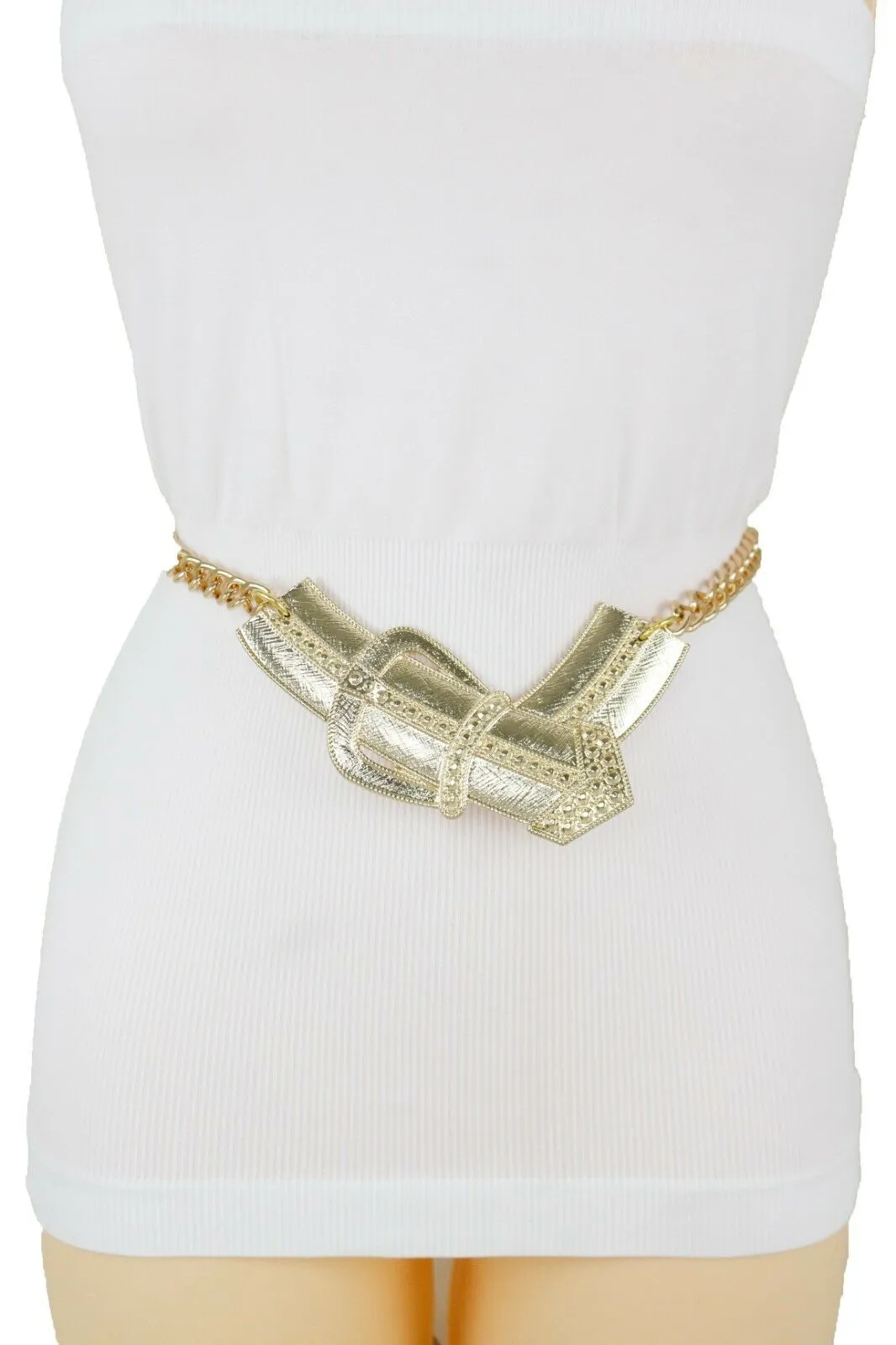 Fun Women Belt Hip High Waist Gold Metal Chain Big Wide Buckle Charm Size XS S M