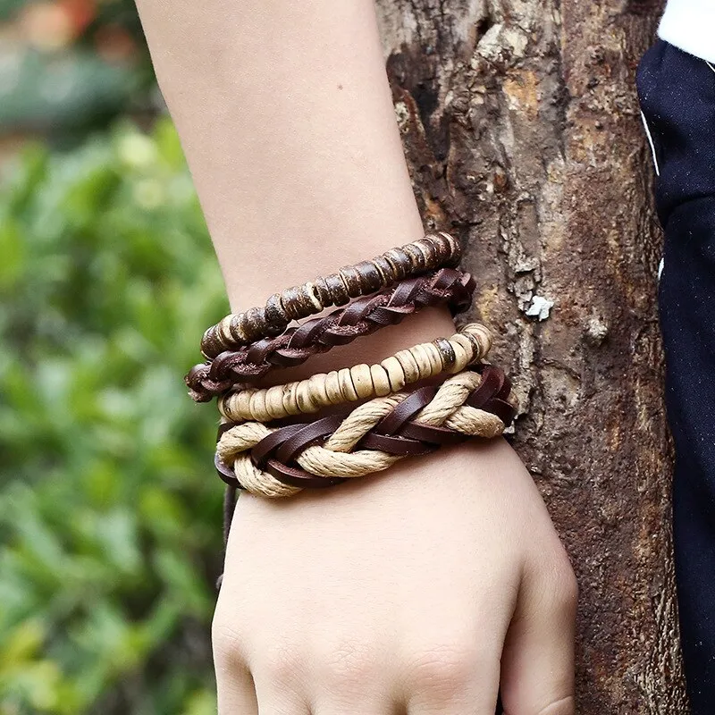 Genuine Leather Hand Braided Bracelet Sets For Men Women Wood Beads Wristband Vintage Fashion Jewelry