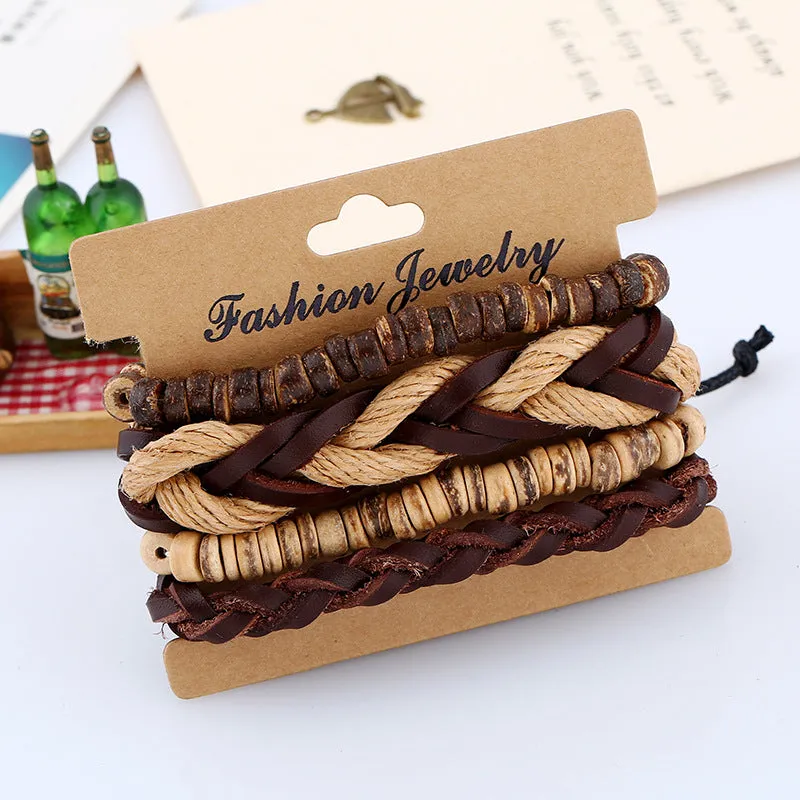 Genuine Leather Hand Braided Bracelet Sets For Men Women Wood Beads Wristband Vintage Fashion Jewelry