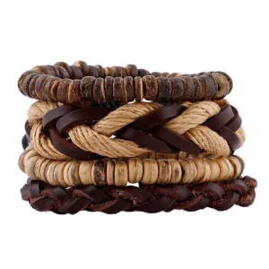 Genuine Leather Hand Braided Bracelet Sets For Men Women Wood Beads Wristband Vintage Fashion Jewelry