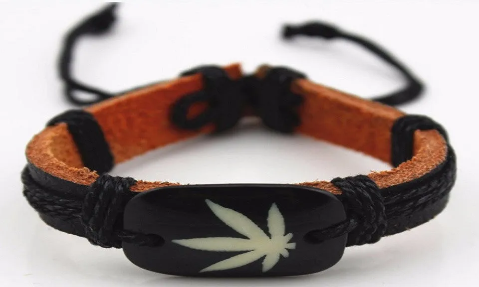 Genuine Leather Maple Leaf Black Bracelet